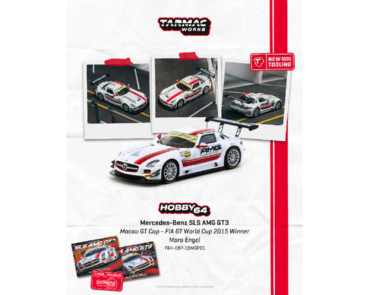 Tarmac Works 1:64 Mercedes-Benz SLS AMG GT3 Macau GT Cup – FIA GT World Cup 2015 Winner Maro Engel with Trading Card