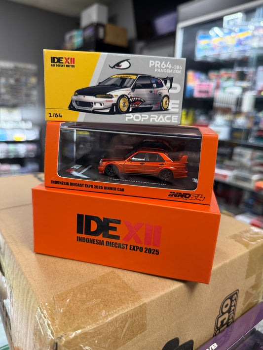 Inno64 X Pop Race 1:64 Mercedes Benz 190E II Evo Orange & Pandem EG6 Sharkmouth - 2025 IDE Indonesia Dinner Exclusive PAIR