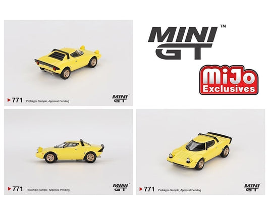 MiniGT 1:64 Lancia Stratos HF Stradale – Giallo Fly Yellow – MiJo Exclusive #771