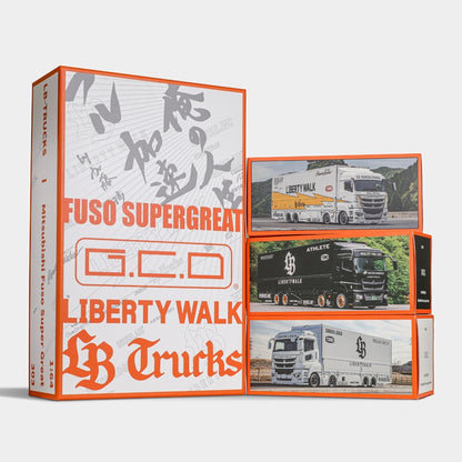 GCD X Liberty Walk 1:64 LBWK Mitsubishi Fuso Trailer 3 Truck Set With Set Exclusive Maserati Grand Turismo Car