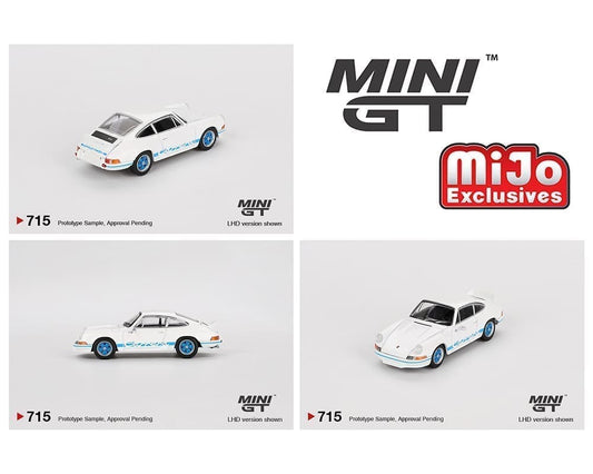 MiniGT 1:64 Porsche 911 Carrera RS 2.7 Grand Prix – White with Blue Livery - MiJo Exclusive #715