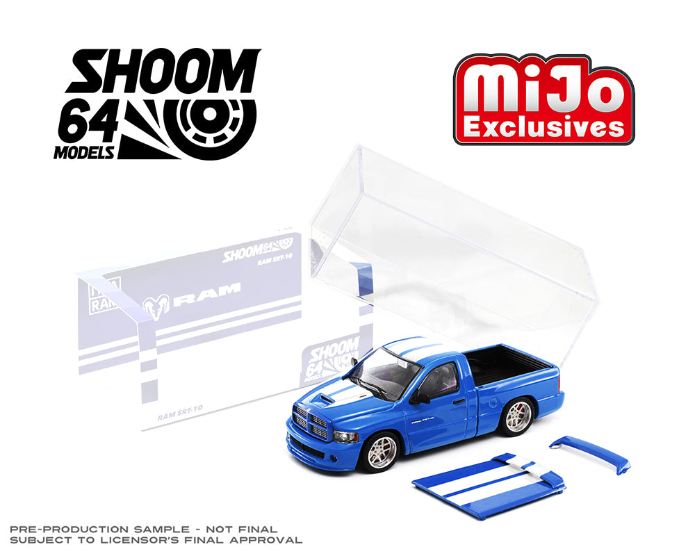Shoom64 1:64 2003 Dodge Ram SRT-10 Pickup – Electric Blue Pearl / White Stripes – MiJo Exclusive