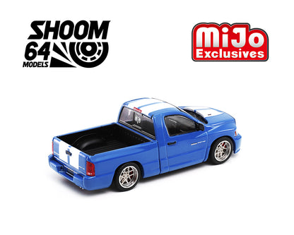 Shoom64 1:64 2003 Dodge Ram SRT-10 Pickup – Electric Blue Pearl / White Stripes – MiJo Exclusive