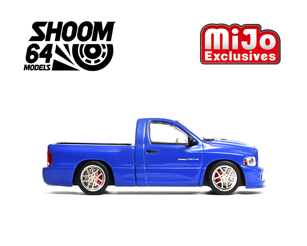 Shoom64 1:64 2003 Dodge Ram SRT-10 Pickup – Electric Blue Pearl / White Stripes – MiJo Exclusive