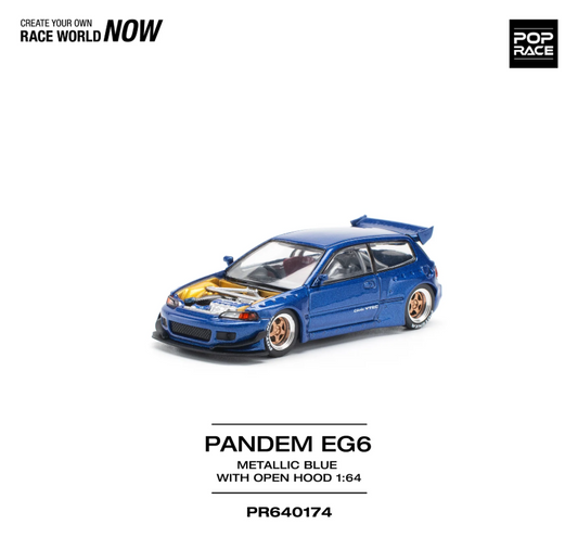 Pop Race 1:64 Pandem Civic EG6 - Metallic Blue Open Hood