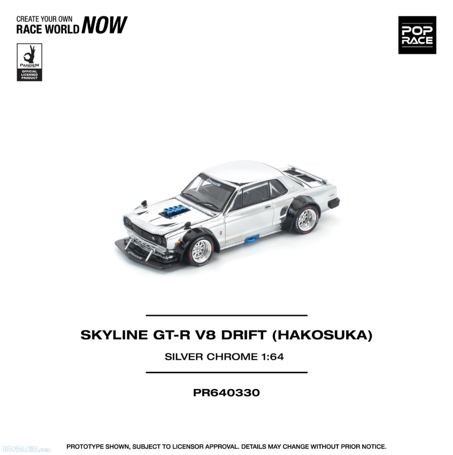 Pop Race 1:64 Skyline GT-R V8 Drift Hakosuka - Silver Chrome