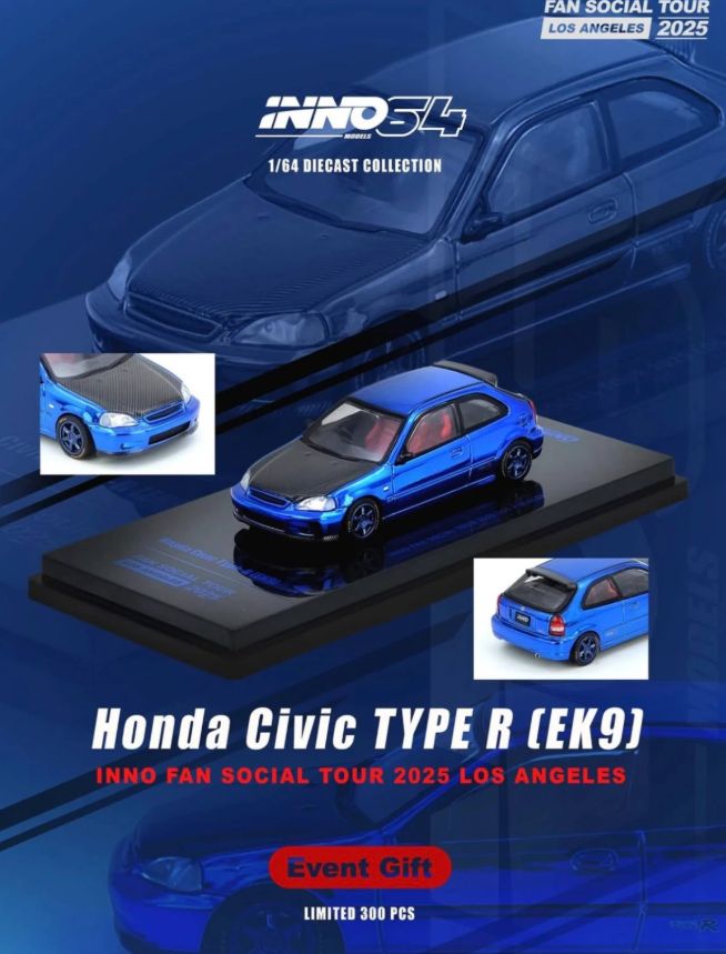 Inno64 1:64 Honda Civic Type R EK9 Blue Chrome - 2025 Fan Social Tour Los Angeles