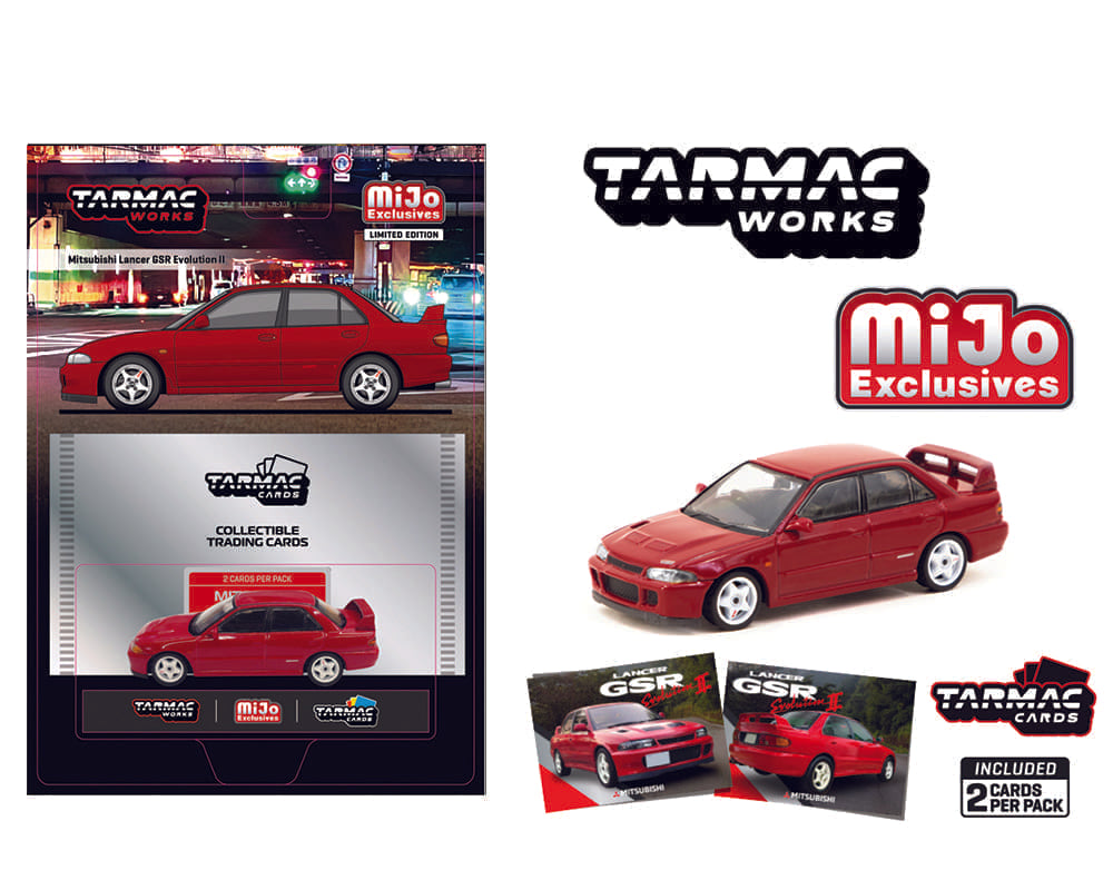 Tarmac Works 1:64 Mitsubishi Lancer GSR Evolution II with 1 Pack Trading Card Included – Red – Global 64