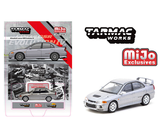 Tarmac Works 1:64 Mitsubishi Lancer GSR Evolution IV with Trading Cards – Silver