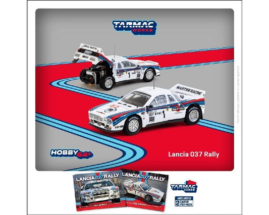 Tarmac Works 1:64 Lancia 037 Rally Rally Monte Carlo 1983 Winner W. Rohrl / C. Geistdorfer with Trading Cards