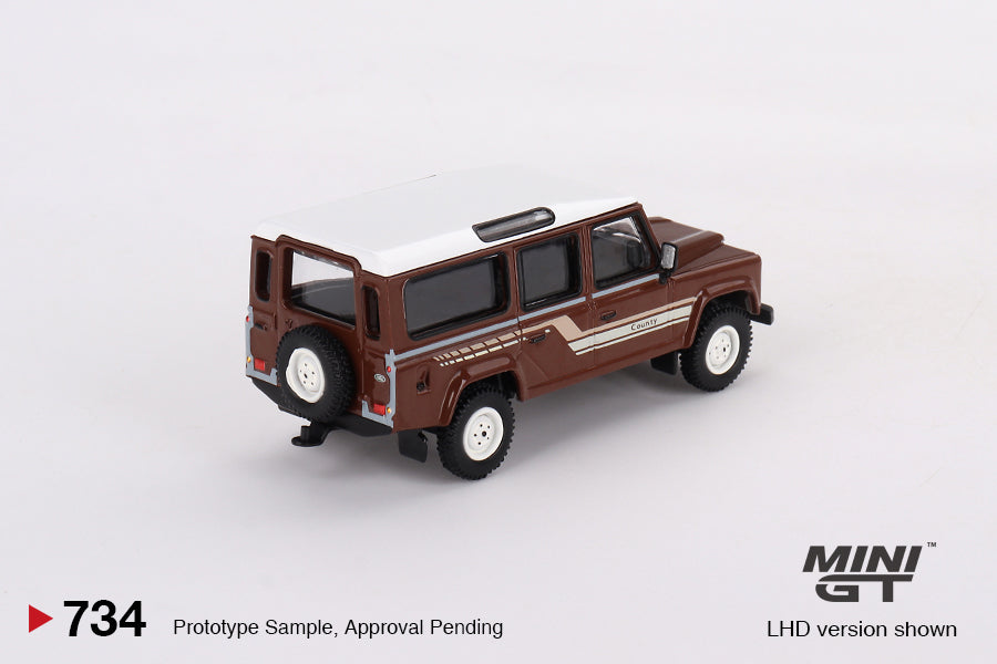 MiniGT 1:64 Land Rover Defender 110 1985 County Station Wagon Russet Brown – MiJo Exclusive #734