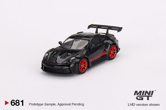 MiniGT 1:64 Porsche 911 (992) GT3 RS – Black with Pyro Red – MiJo Exclusive #681