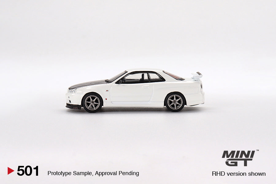 MiniGT 1:64 Nissan Skyline GT-R (R34) V-Spec N1 White With Black Hood - MiJo Exclusive #501