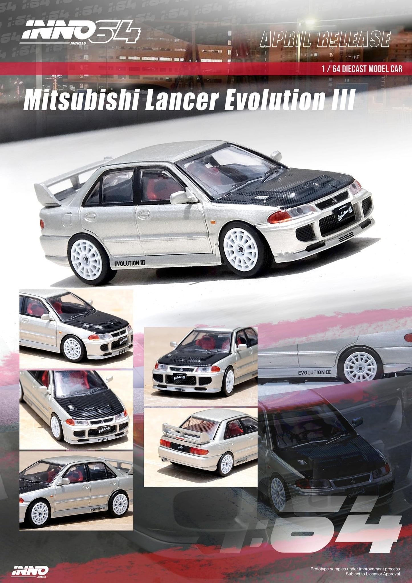 Inno64 1:64 Mitsubishi Lancer Evo III With Carbon Bonnet - Silver