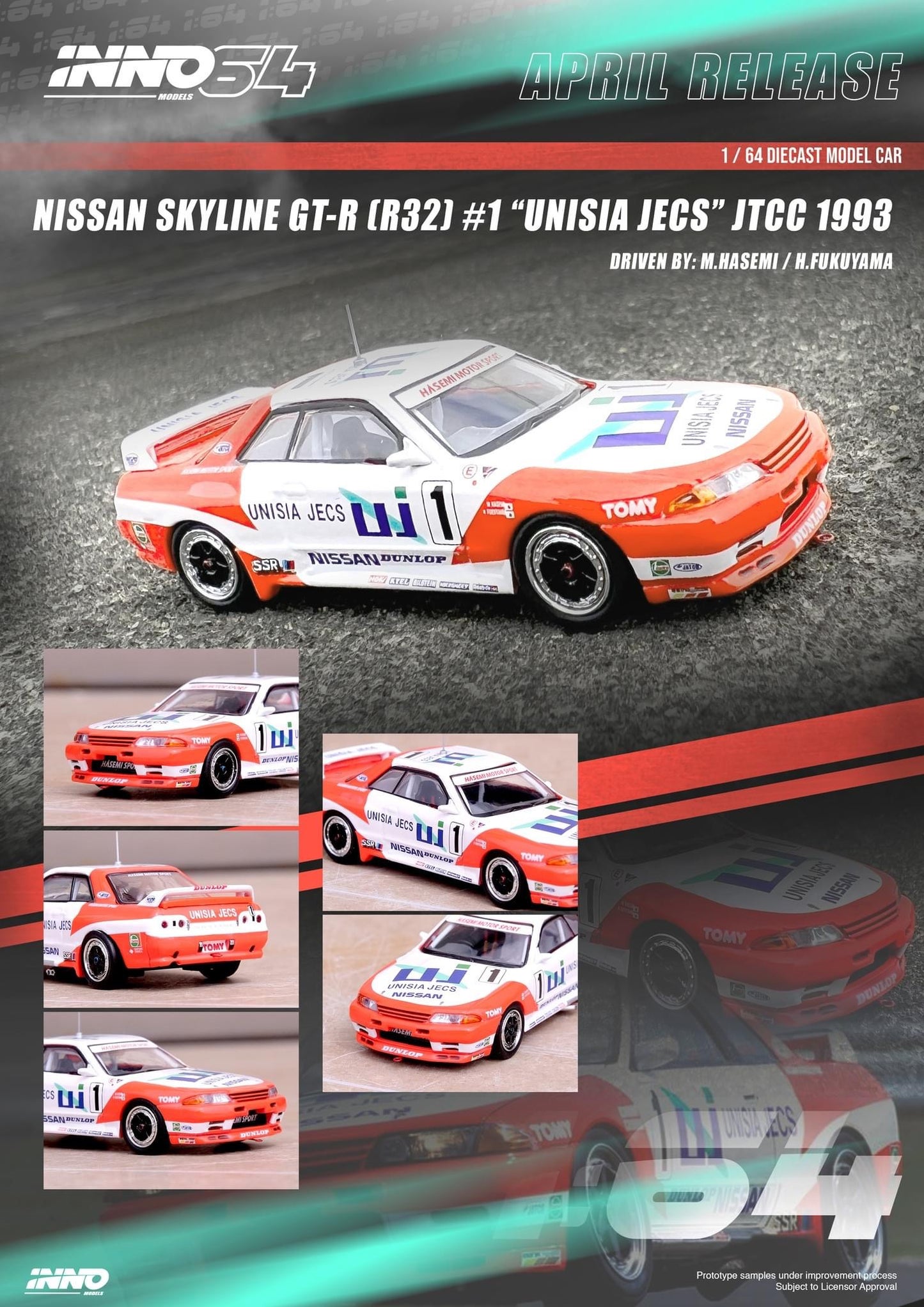 Inno64 1:64 Nissan Skyline GT-R (R32) #1 "UNISIA JECS" JTCC 1993 M. Hasemi / H. Fukuyama