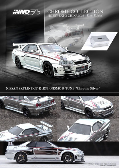 Inno64 1:64 2023 Hobby Expo China Event Exclusive - Nissan Skyline GT-R R34 Nismo R-Tune - Chrome Set Of 3