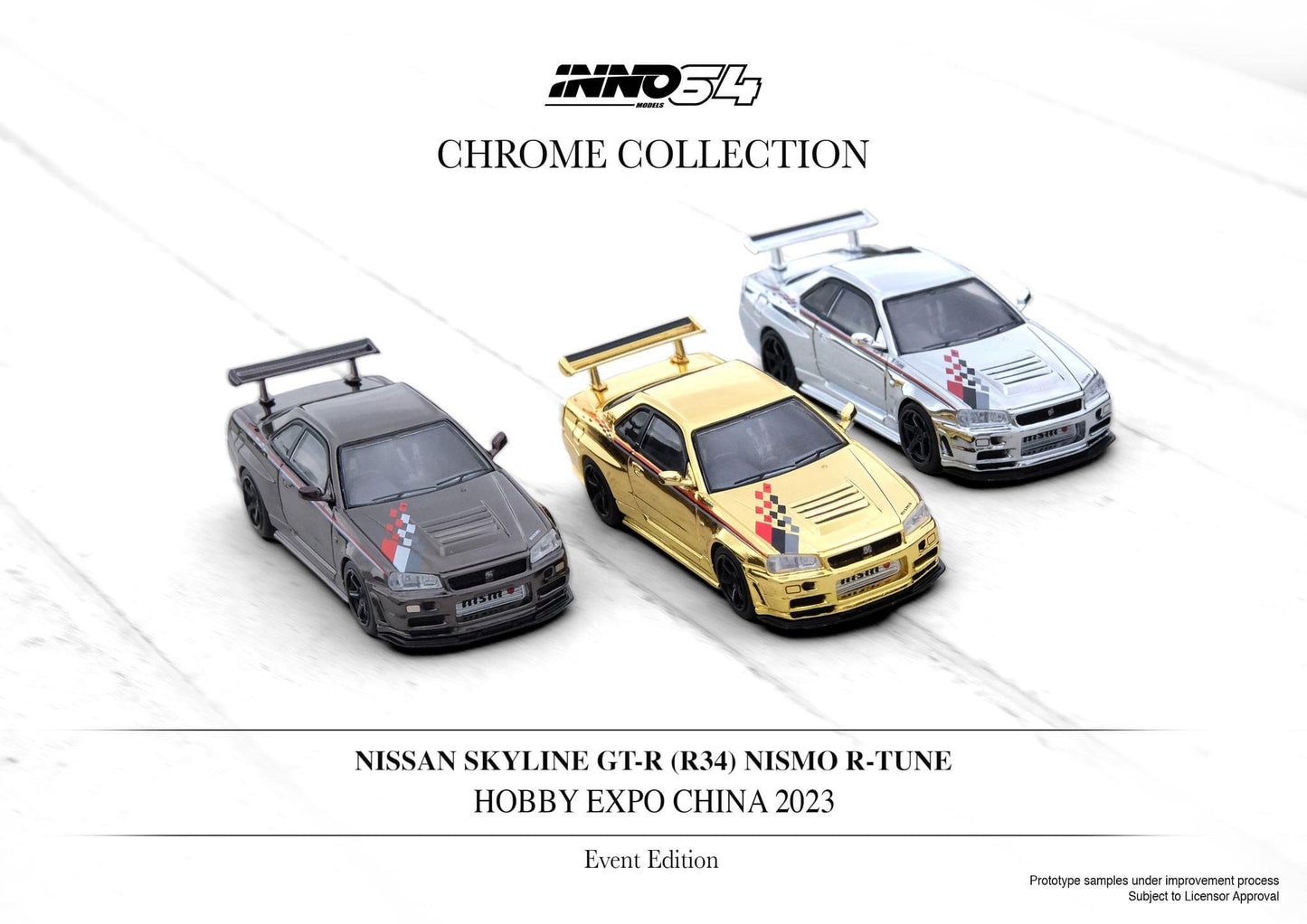 Inno64 1:64 2023 Hobby Expo China Event Exclusive - Nissan Skyline GT-R R34 Nismo R-Tune - Chrome Set Of 3