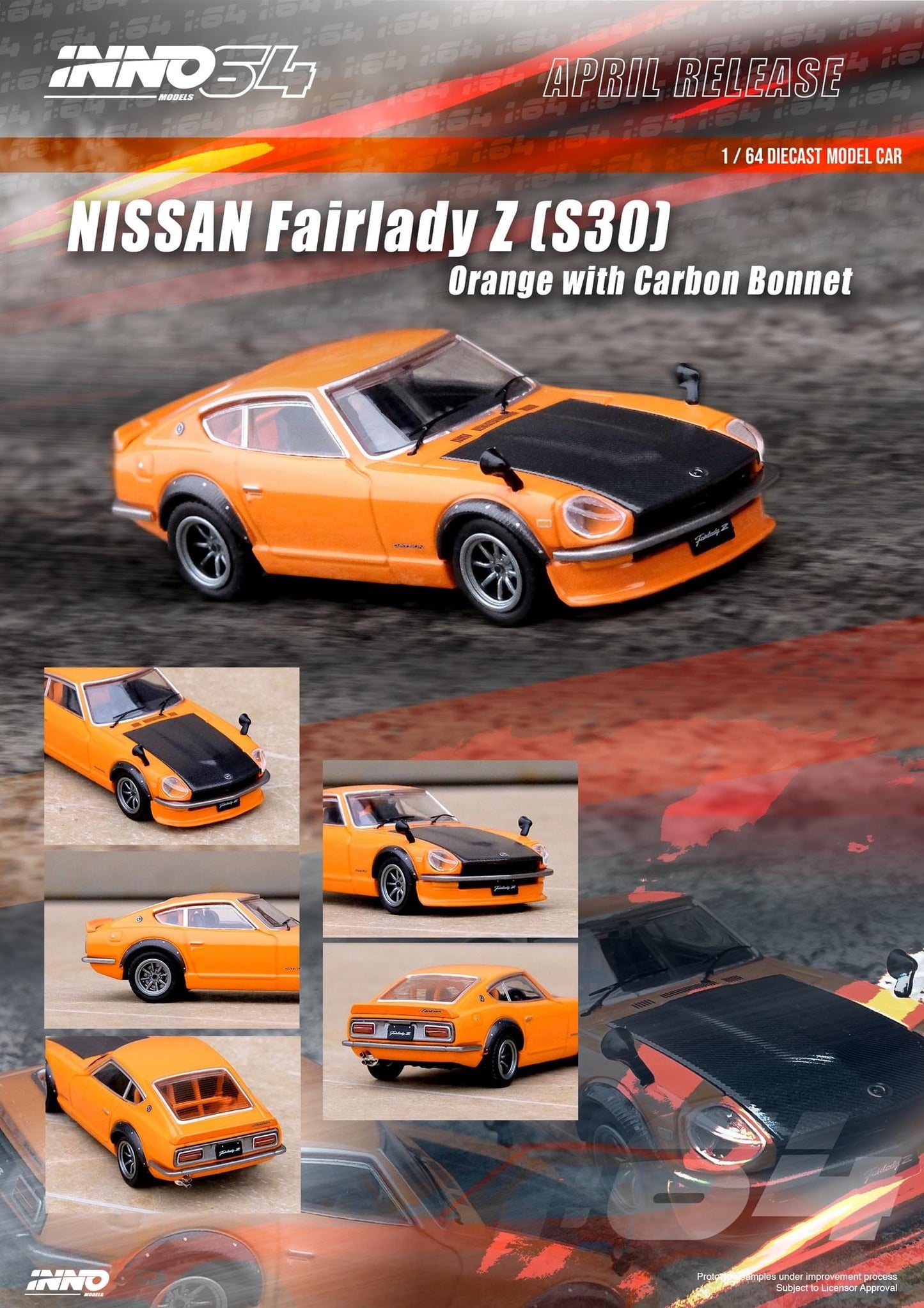 Inno64 1:64 Nissan Fairlady Z (S30) Orange with carbon Bonnet