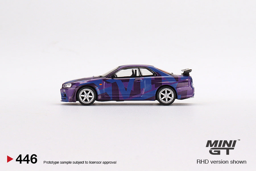 MiniGT 1:64 Nissan Skyline GT-R (R34) V-Spec II MINI GT Digital Camouflage Purple #446