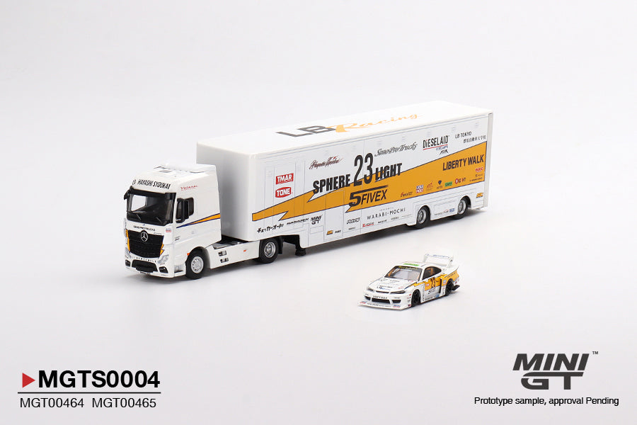 MiniGT 1:64 LBWK Racing Transporter Set Mercedes Actros With Silvia S15 Silhouette