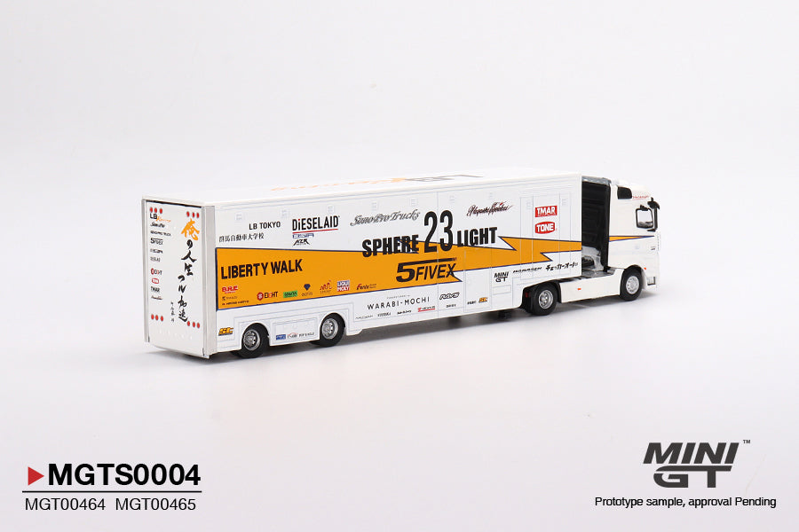 MiniGT 1:64 LBWK Racing Transporter Set Mercedes Actros With Silvia S15 Silhouette