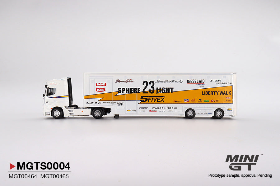 MiniGT 1:64 LBWK Racing Transporter Set Mercedes Actros With Silvia S15 Silhouette