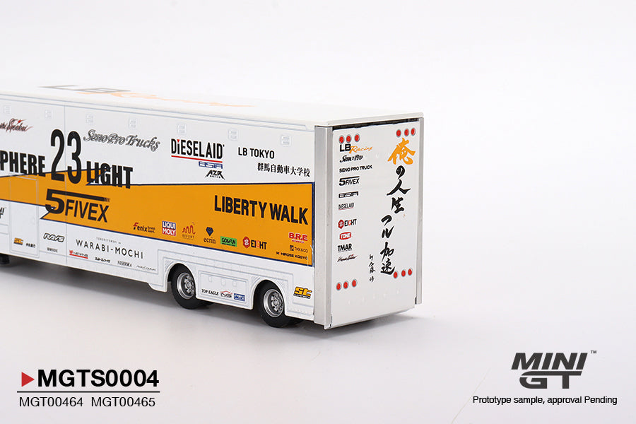 MiniGT 1:64 LBWK Racing Transporter Set Mercedes Actros With Silvia S15 Silhouette