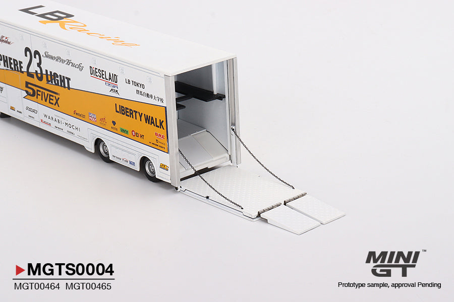 MiniGT 1:64 LBWK Racing Transporter Set Mercedes Actros With Silvia S15 Silhouette