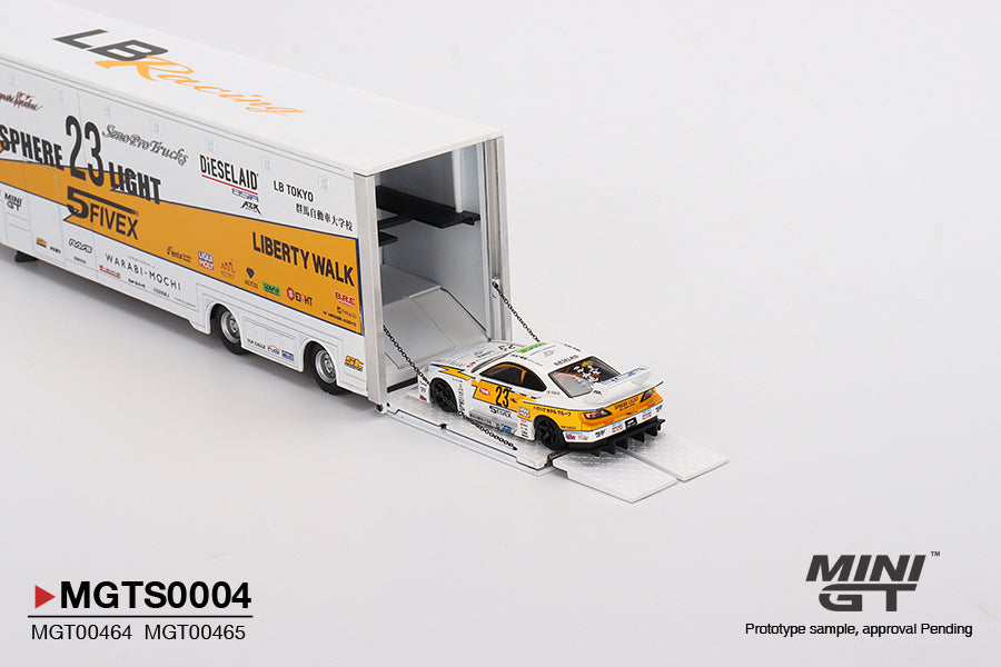 MiniGT 1:64 LBWK Racing Transporter Set Mercedes Actros With Silvia S15 Silhouette