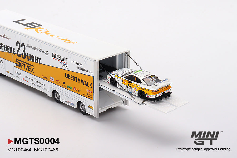 MiniGT 1:64 LBWK Racing Transporter Set Mercedes Actros With Silvia S15 Silhouette