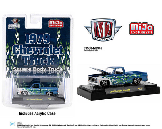 M2 Machines 1:64 MiJo Exclusive 1979 Chevrolet Silverado Pickup Truck Square Body Truck Blue With Flames