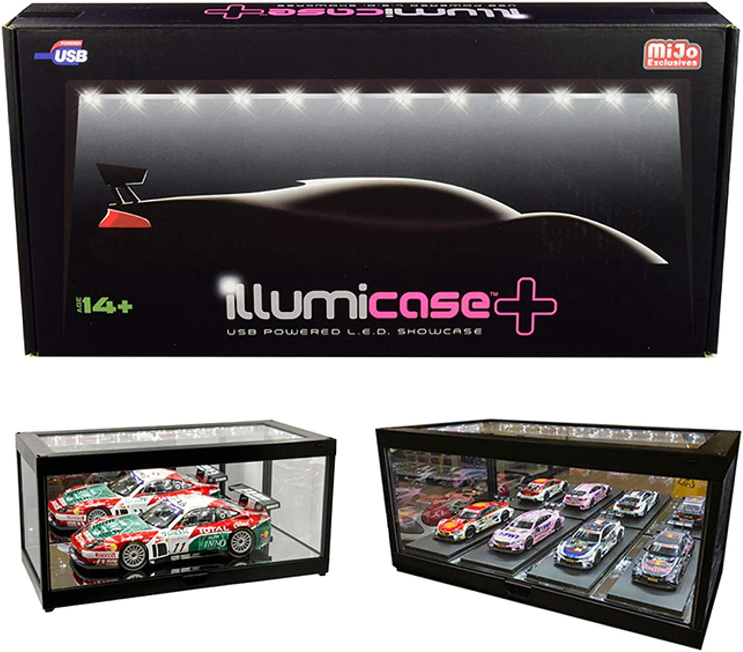 Illumibox MiJo Exclusive Collectible Display Show Case Illumicase + with LED Lights and Mirror Base and Back for 1/64 1/43 1/32 1/24 1/18 Scale Models
