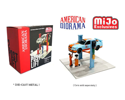 American Diorama 1:64 MiJo Exclusive 2 Post Shop Lift with Mechanic Figure & Oil Drain - Red Posts