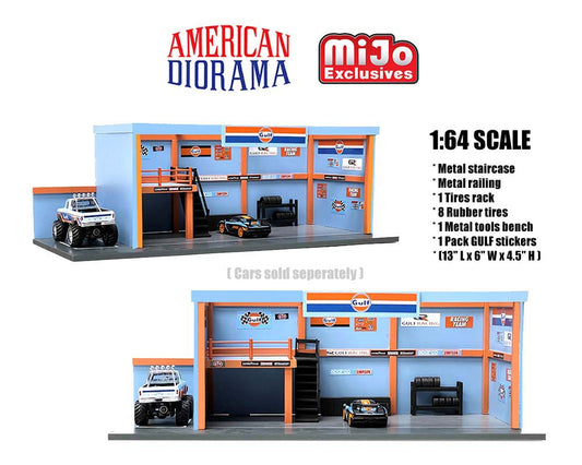 American Diorama 1:64 MiJo Exclusive Garage Diorama with GULF Stickers Included