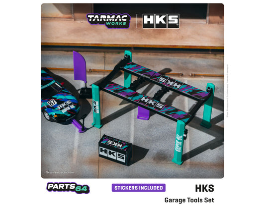 Tarmac Works 1:64 HKS Garage Tool Set 4-Post Lift With Stickers Parts64