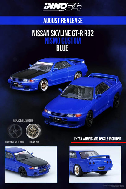 Inno64 1:64 Nissan Skyline GT-R R32 Blue With Extra Wheels & Decal