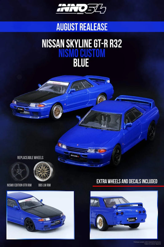 Inno64 1:64 Nissan Skyline GT-R R32 Blue With Extra Wheels & Decal