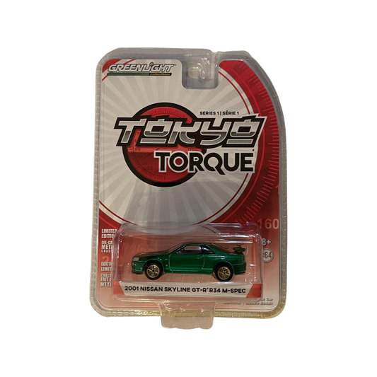 Greenlight 1:64 Tokyo Torque Series 1 2001 Nissan Skyline GT-R R34 M-Spec Green Machine Chase