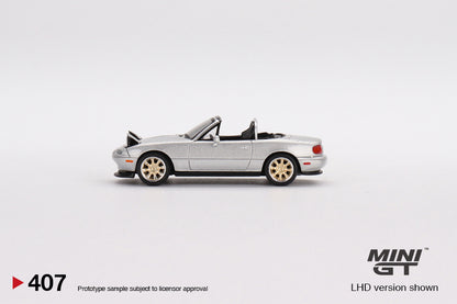 MiniGT 1:65 Mazda Miata MX-5 (NA) Tuned Version Silver Stone Metallic Silver MiJo Exclusive #407