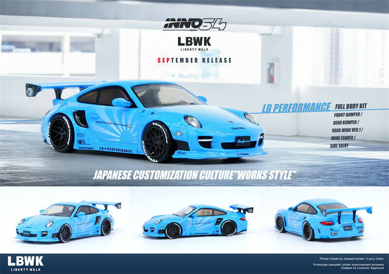 Inno64 1:64 LBWK Porsche 997 Liberty Walk Baby Blue Rising Sun