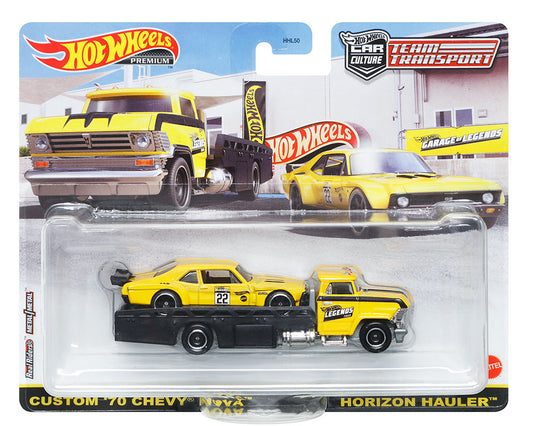 Hot Wheels 1:64 2022 Walmart Exclusive Team Transport Legends Tour Custom 70 Chevrolet Nova With Horizon Hauler