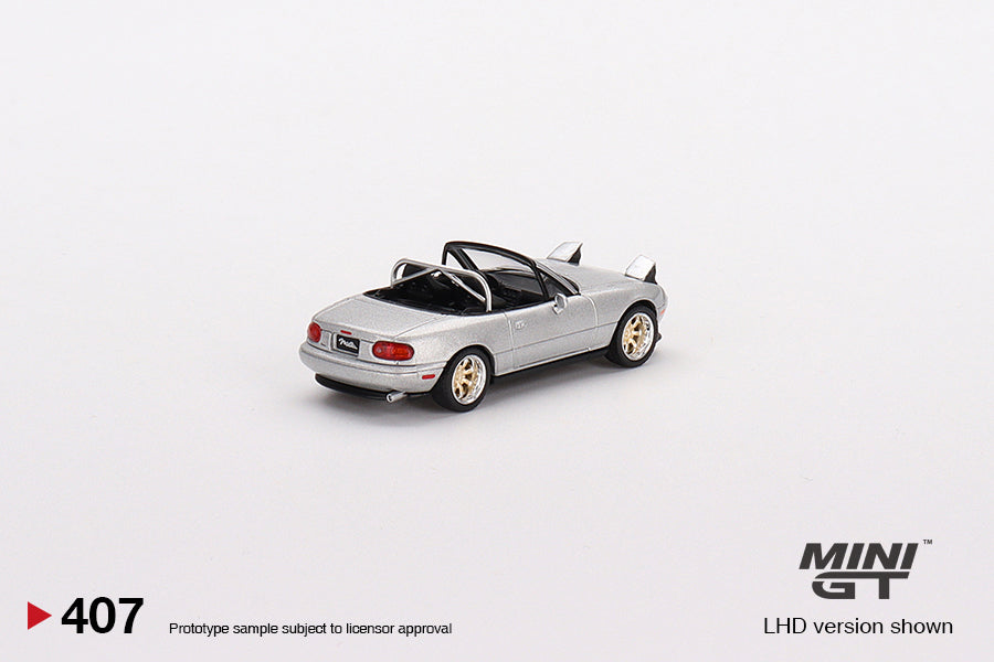 MiniGT 1:65 Mazda Miata MX-5 (NA) Tuned Version Silver Stone Metallic Silver MiJo Exclusive #407