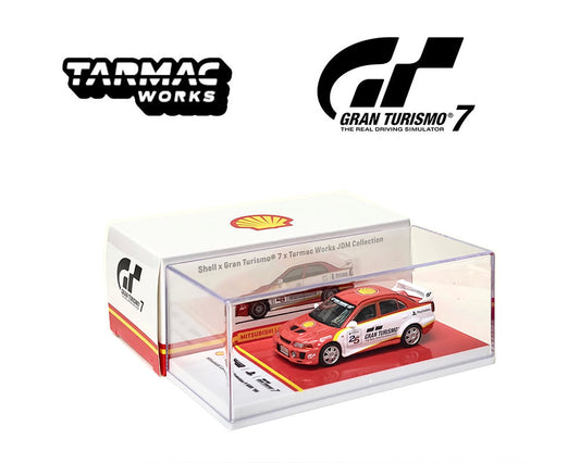 Tarmac Works 1:64 Mitsubishi Lancer Evolution V GSR 1998 – Shell – Gran Turismo 7 – JDM Collection