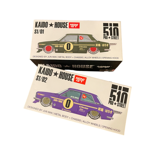 MiniGT x Kaido House 1:64 Nissan Datsun 510 Pro Street OG Purple & OG Green Pair