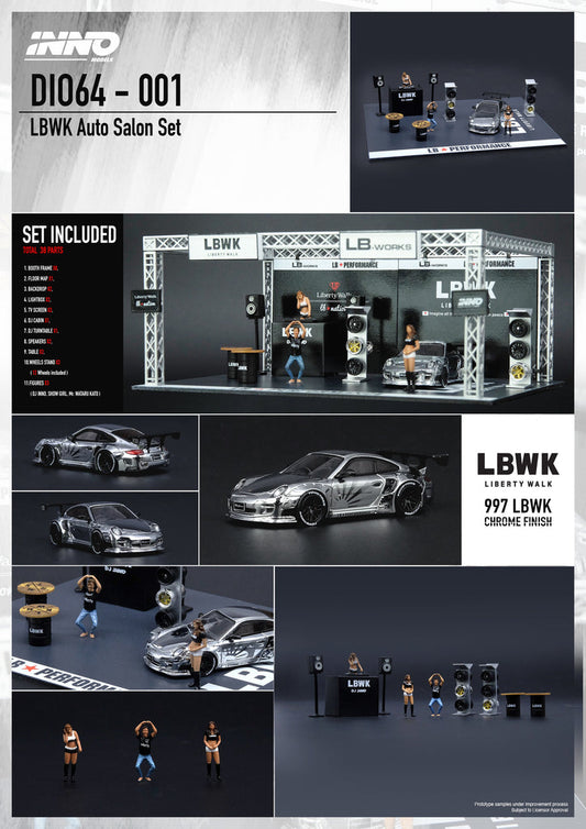 Inno64 1:64 LBWK Auto Salon Diorama Porsche 997 LBWK Chrome W/3 Figures