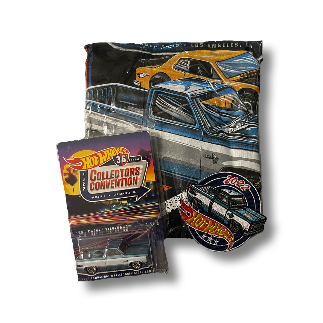 Hot Wheels 2022 36th Annual Collectors Convention Souvenir Car 1983 Chevy Silverado With Patch & T Shirt
