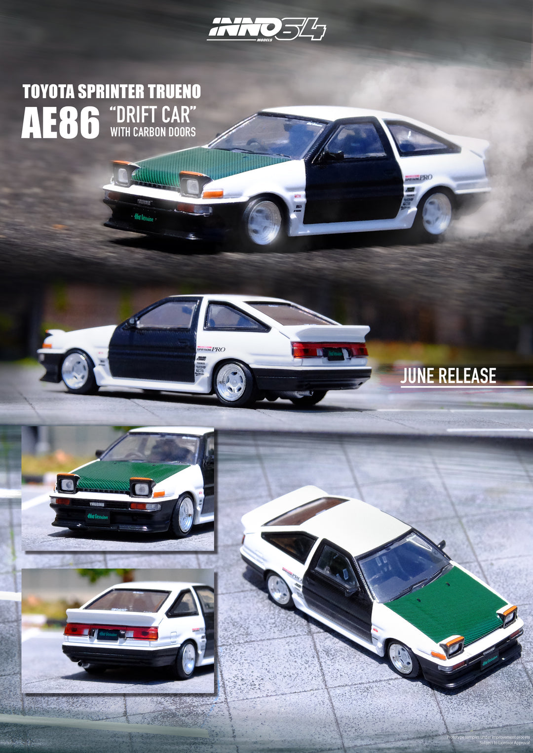 Inno64 1:64 Toyota Sprinter Trueno “Drift Car” W/ Carbon Doors