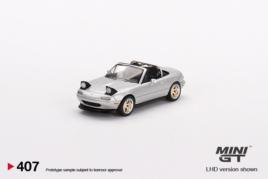 MiniGT 1:65 Mazda Miata MX-5 (NA) Tuned Version Silver Stone Metallic Silver MiJo Exclusive #407