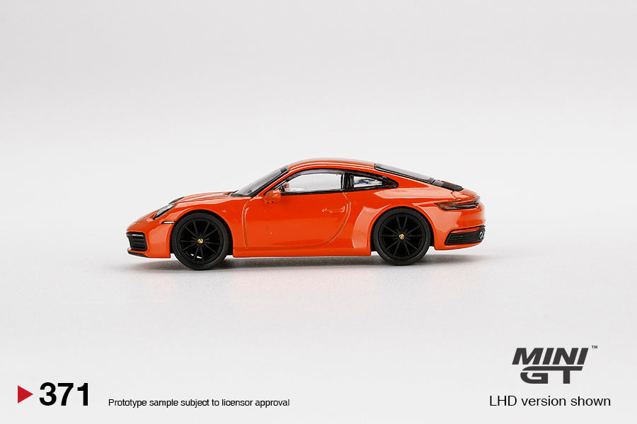 MiniGT 1:64 Porsche 911 (992) Carrera 4S Lava Orange MiJo Exclusive #371