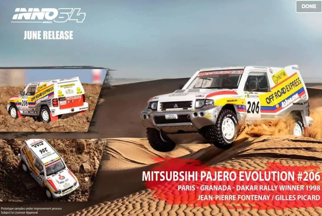 Inno64 1:64 Mitsubishi Pajero Evolution #206 "Off Road Express" Paris - Granada - Dakar 1998 Winner